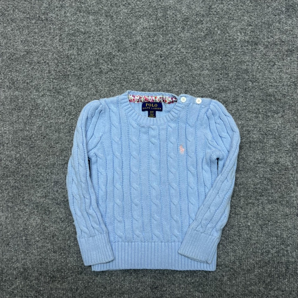 Polo Ralph Lauren Sweater Girls 2T Blue Cable Knit Button Shoulder Pullover